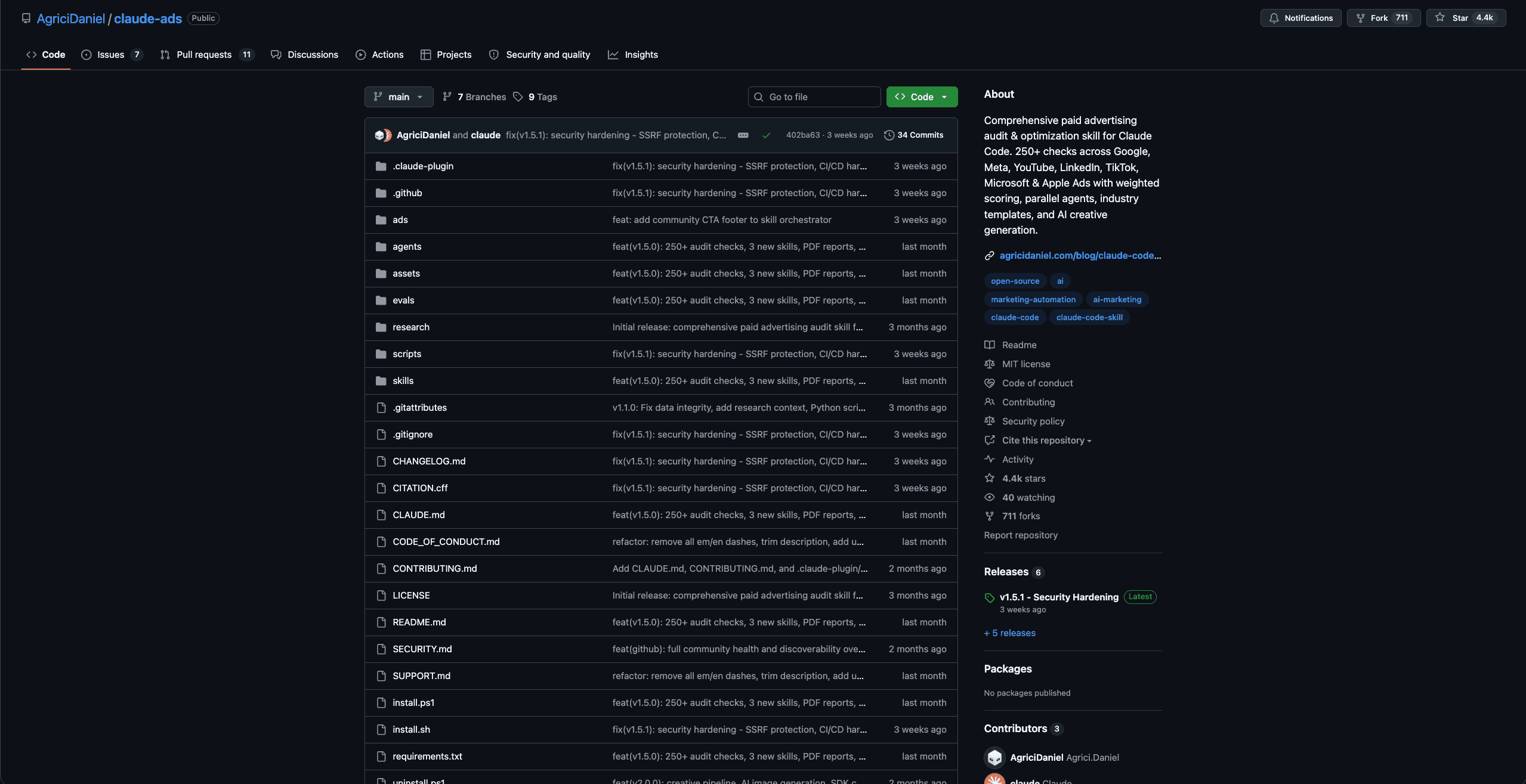 Screenshot of a github project about claude ads