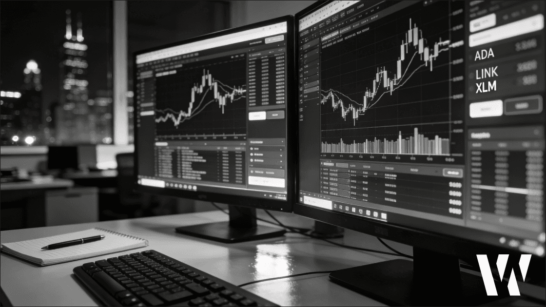 Monochrome photo of a professional crypto futures trading desk with dual monitors showing ADA, LINK and XLM charts, illustrating CME altcoin futures launch in a regulated market setting.