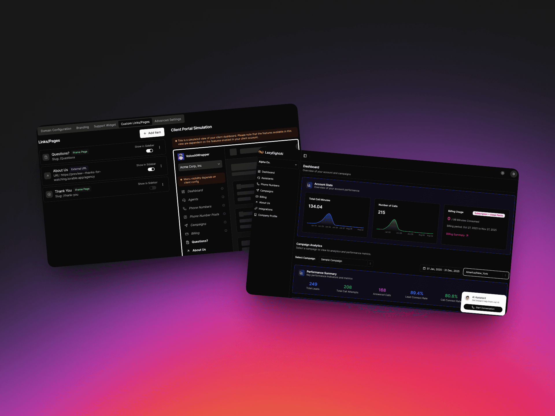 White-labeled AI call bot solution with custom client portals, branded pages, and comprehensive analytics dashboard | VoiceAIWrapper