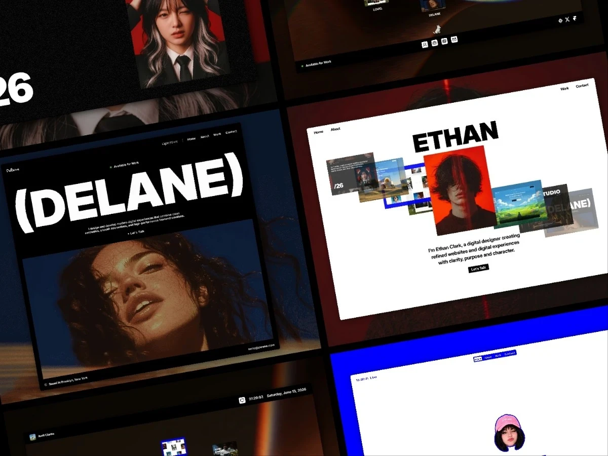 Collage of five Framer portfolio templates including SONI, Ethan Clark, DELANE, Yumiko, and Deskfolio