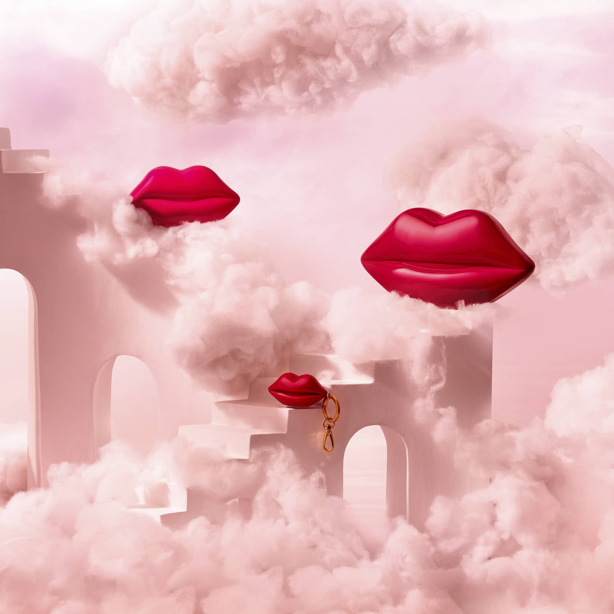 Abstract image of pink clouds with floating red lips and soft, dreamy shapes in the background.