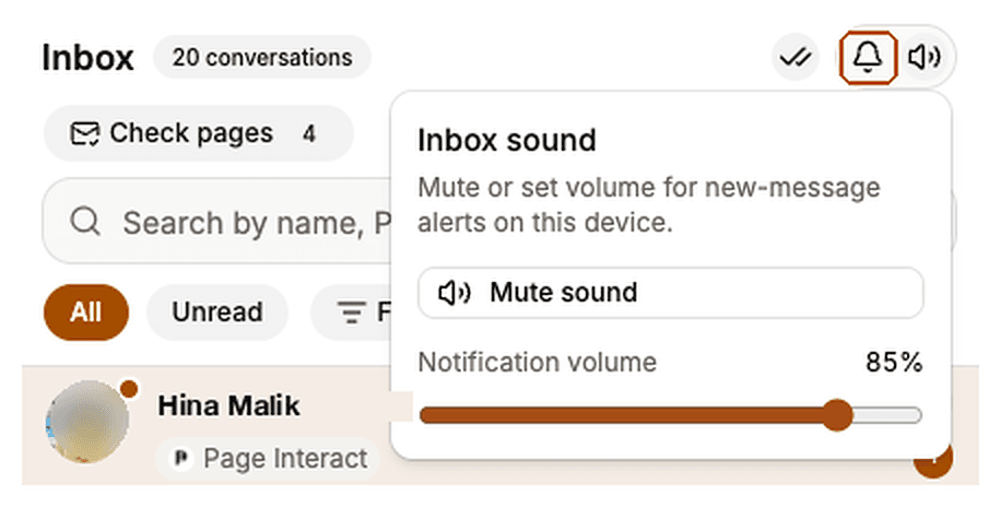 Inbox toolbar with the notification bell highlighted and the Inbox sound popover open showing mute and volume controls.