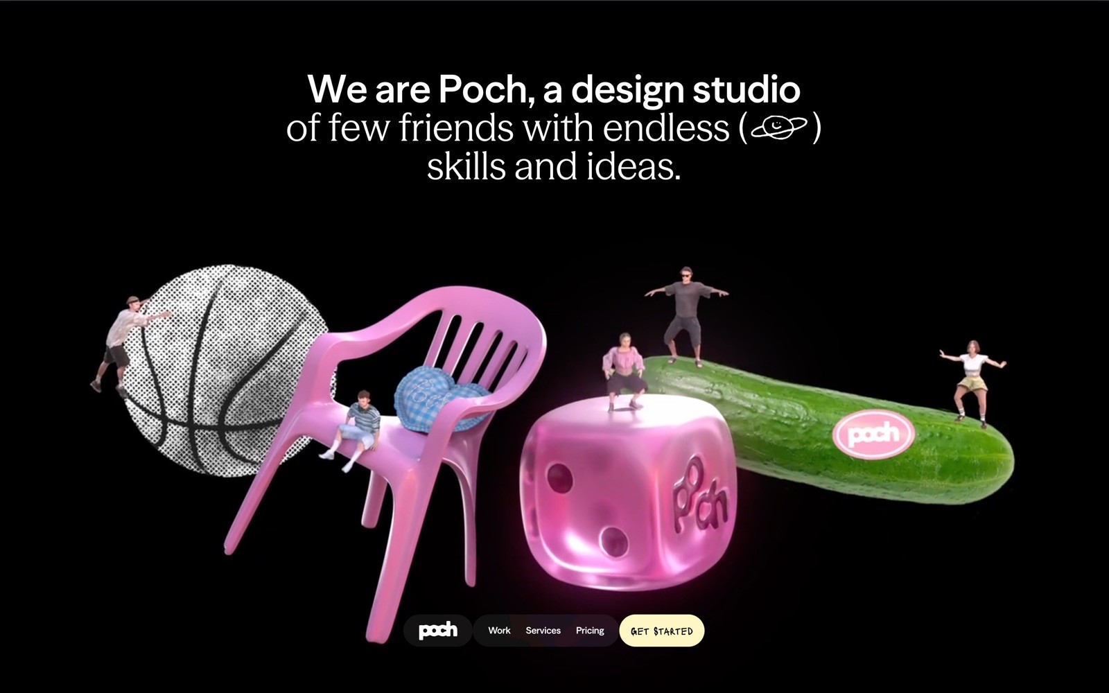 Black background with white text: "We are Poch, a design studio of few friends with endless skills and ideas." Navigation buttons below.