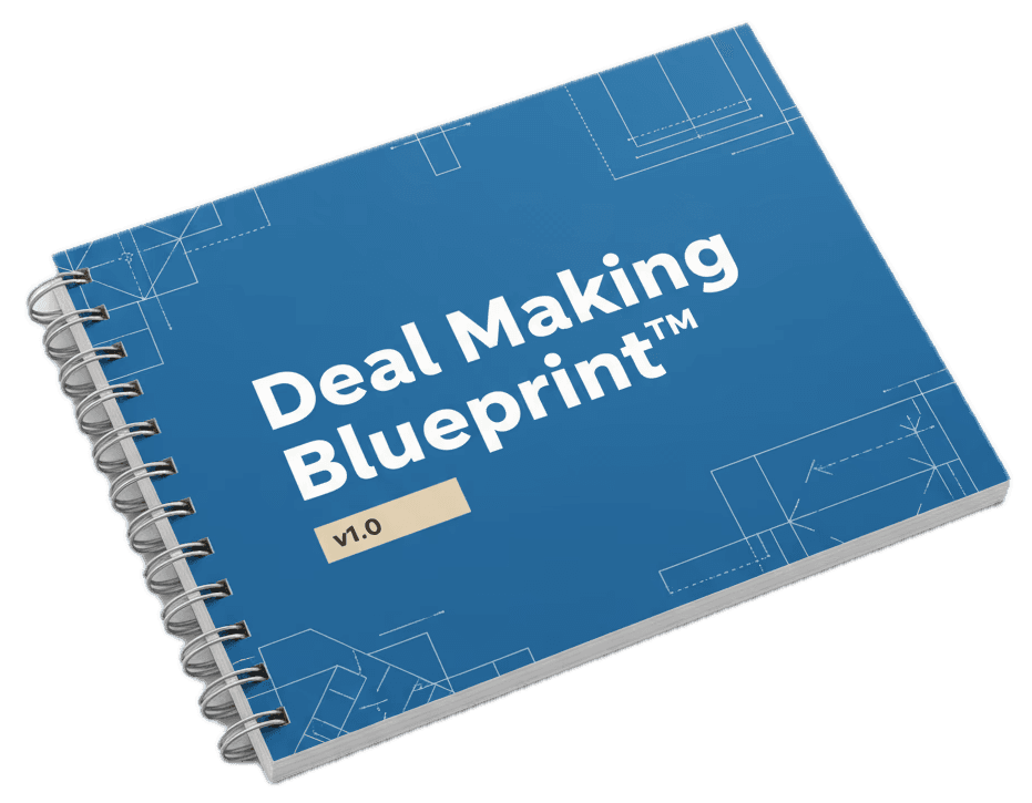 Blue spiral-bound notebook with "Deal Making Blueprint v1.0" title in white text and architectural blueprint patterns on cover