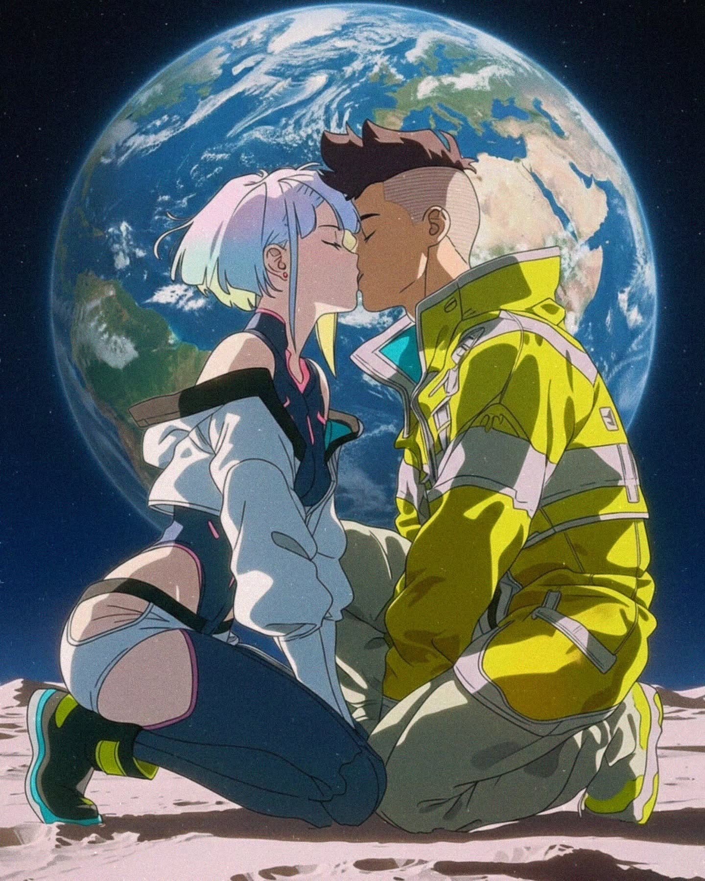Anime moon kiss by Brunirax - two anime characters kissing on the moon with Earth backdrop, 38,000 likes