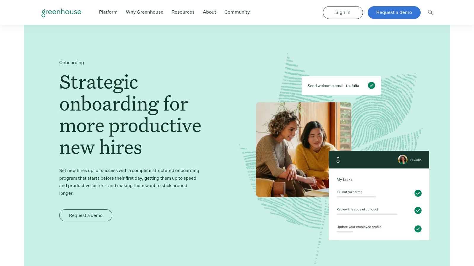 Greenhouse Onboarding dashboard showing a new hire's welcome experience and task list