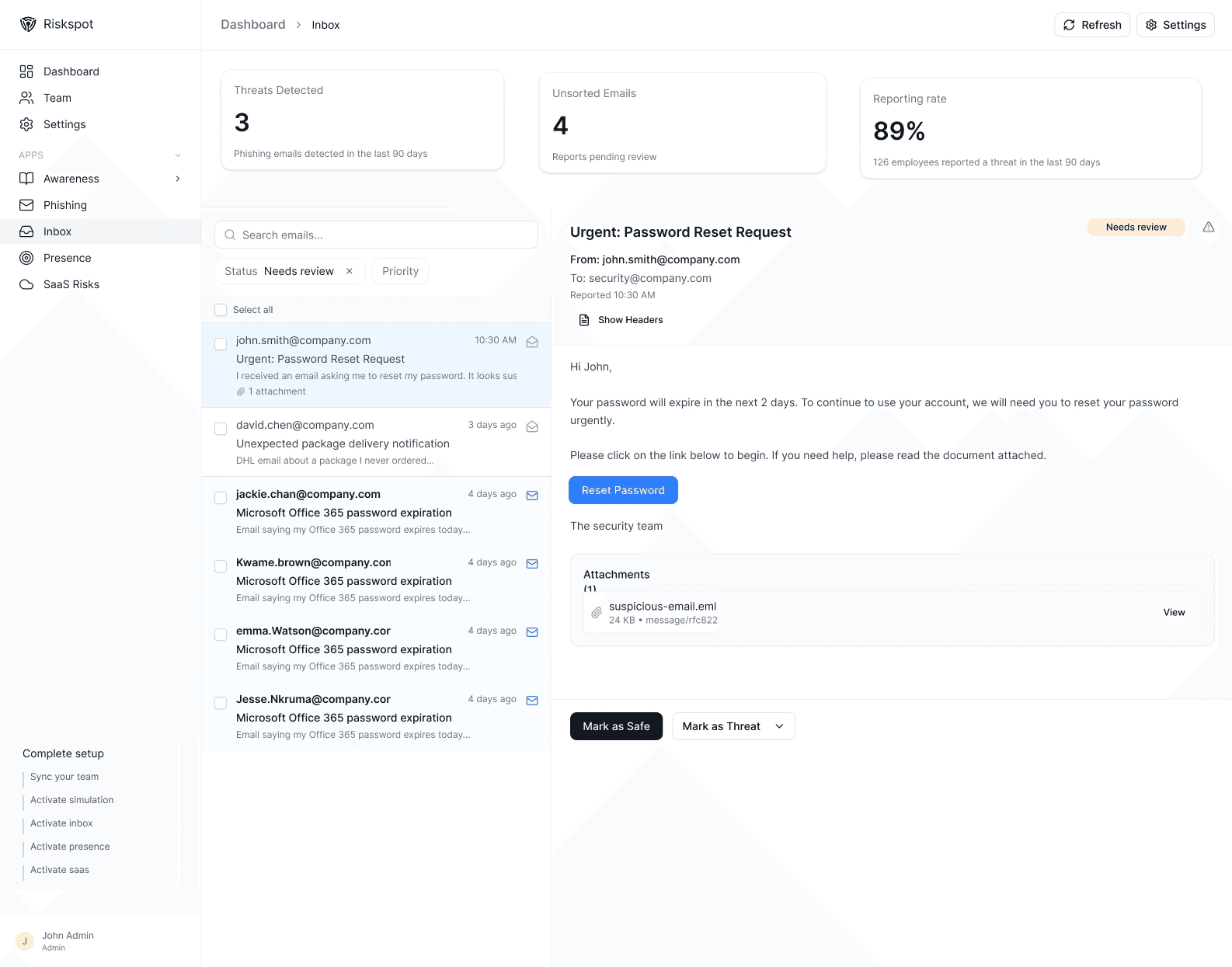 Riskspot Cyber Companion - Ananse Introduction. The image features a 3D character, Ananse, your cyber companion, with messages: 'Good morning! I am Ananse, your cyber companion,' 'My mission: to help your team stay secure,' 'Today's mission: Unmasking Phishing,' and 'Secure employees = Secure company.' Designed to engage users in cybersecurity awareness and training.