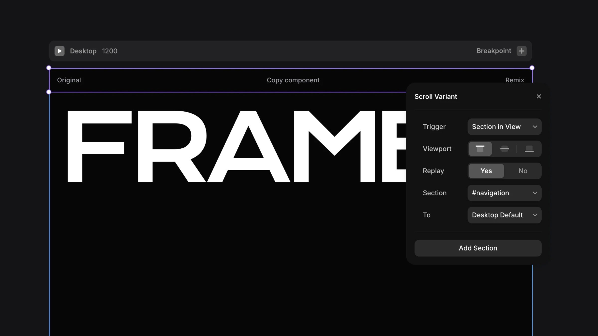 Framer design interface showing logo and scroll variant settings for responsive web design