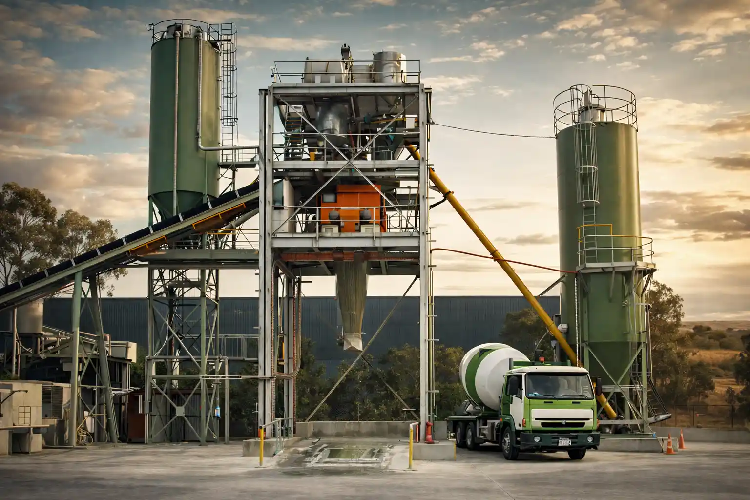 Concrete mixing tower loading a cement truck