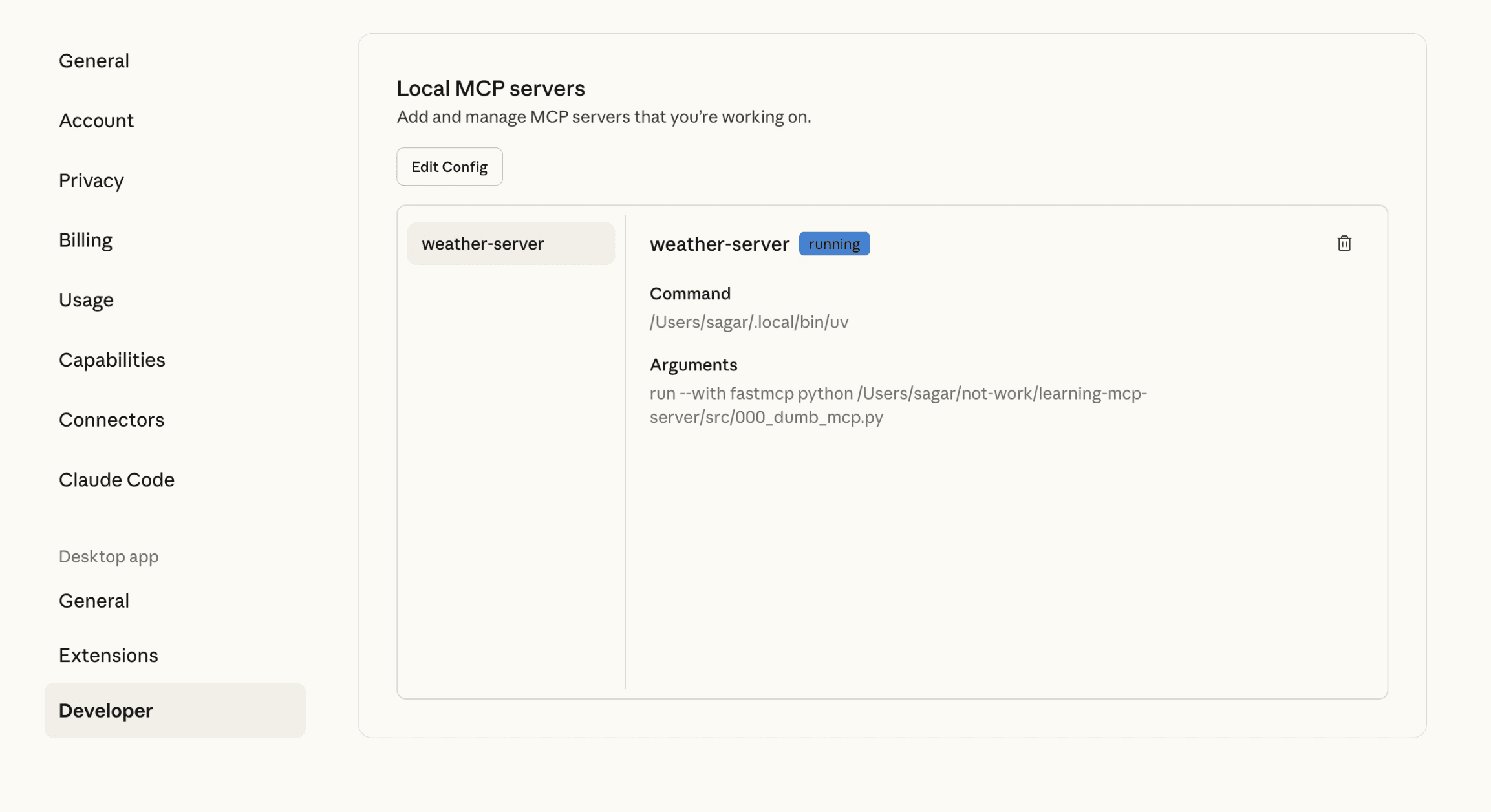 Claude Desktop developer settings showing a configured local MCP server.