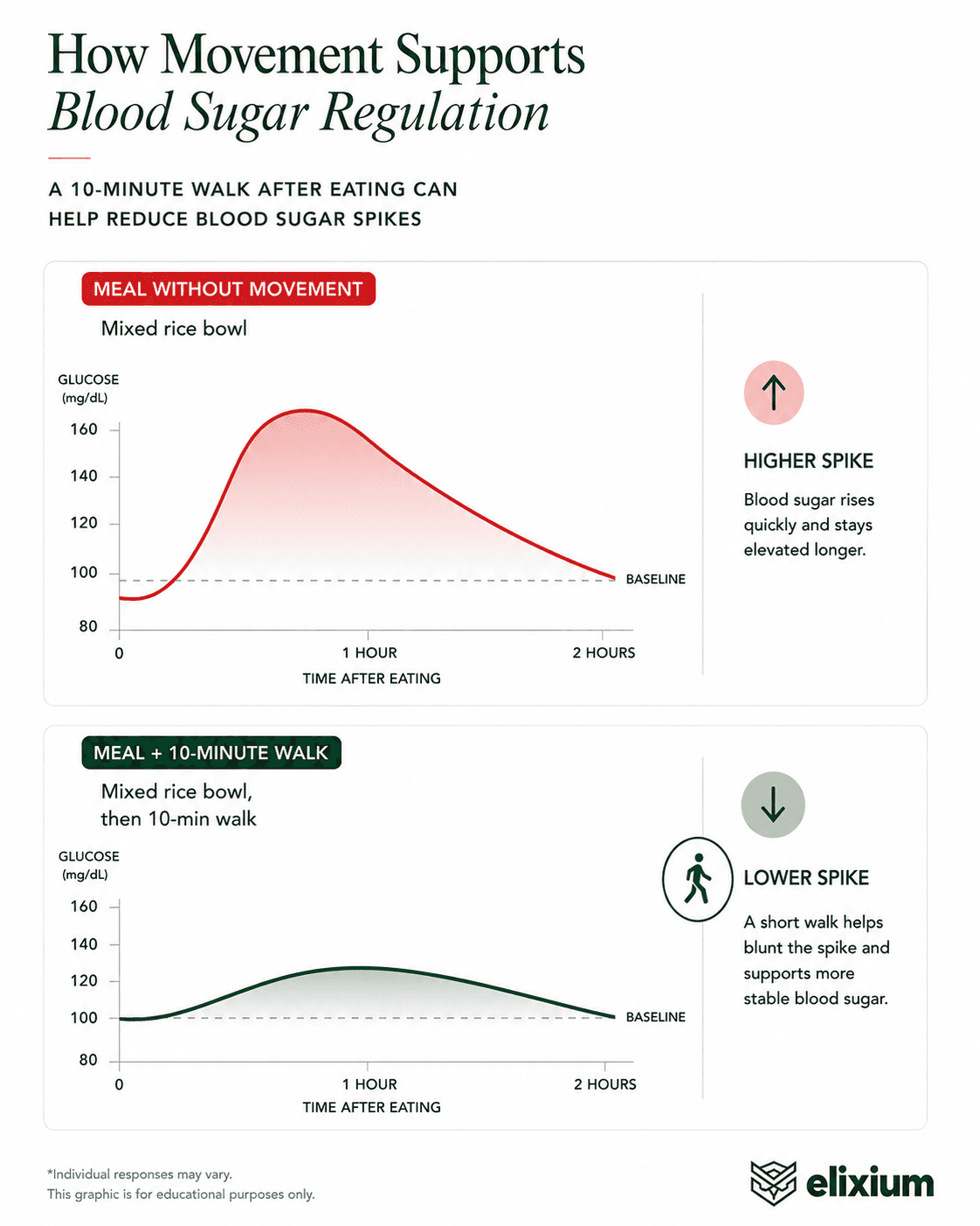 Graphic showing how a short walk after eating can reduce post-meal glucose spikes and support more stable blood sugar regulation throughout the day.