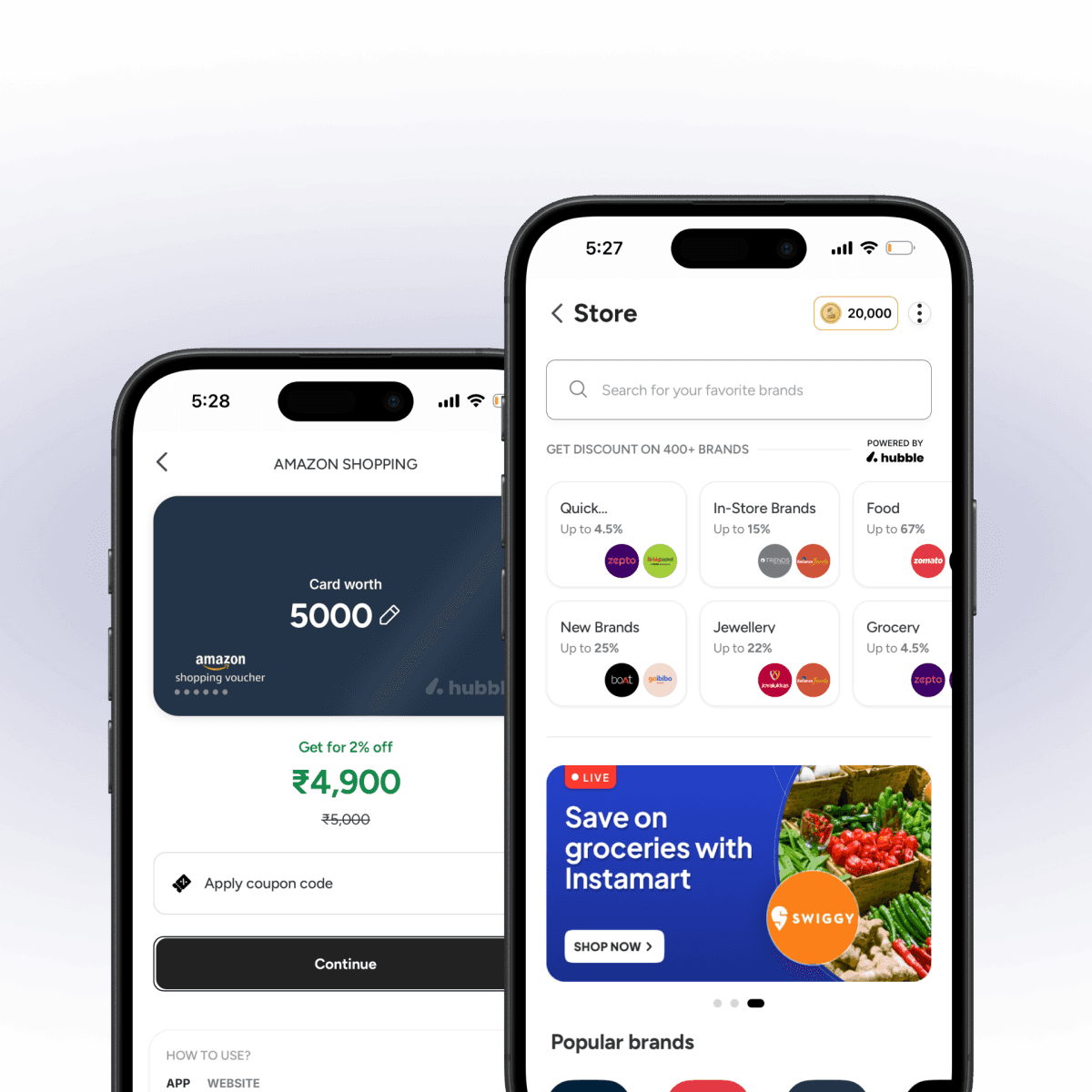 Rewards store by Hubble Money - A platform for users to redeem rewards from 450+ brands across categories like Food, Groceries, Travel, Fashion, Entertainment.
