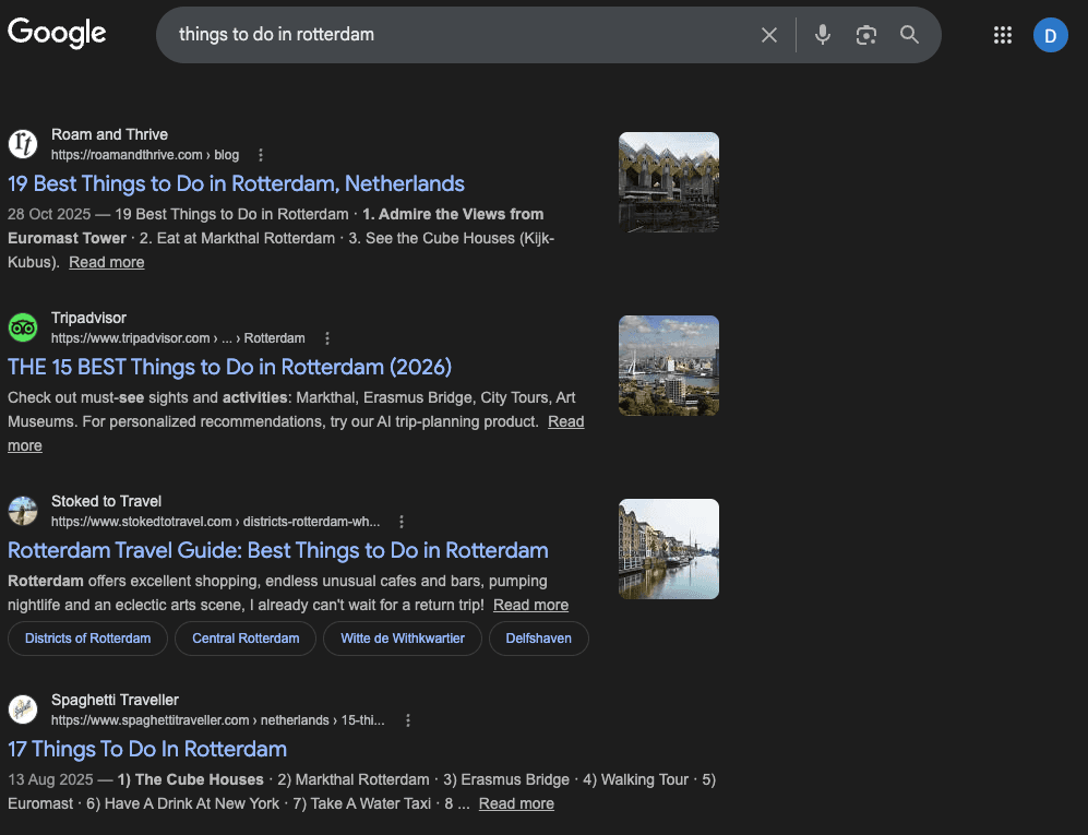 Google search results for "things to do in Rotterdam"