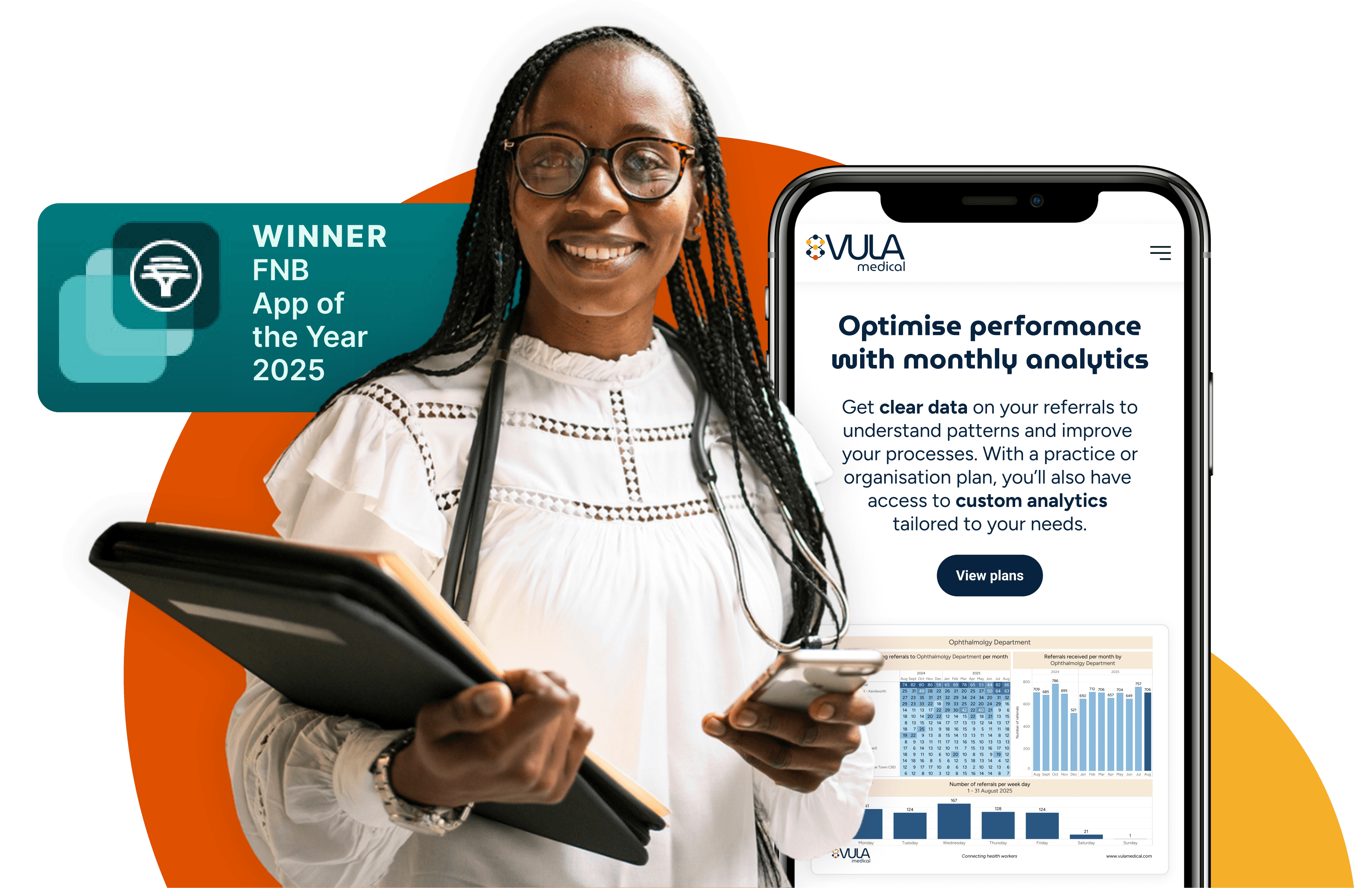 Black female doctor in red scrubs, smiling at her phone, with abstract connection-style graphics in the background.