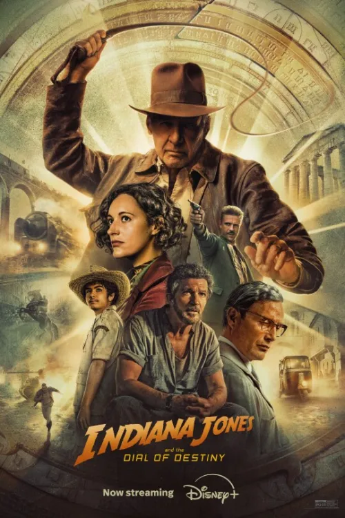 Poster for Indiana Jones and the Dial of Destiny featuring Indiana Jones swinging a whip above the rest of the ensemble cast