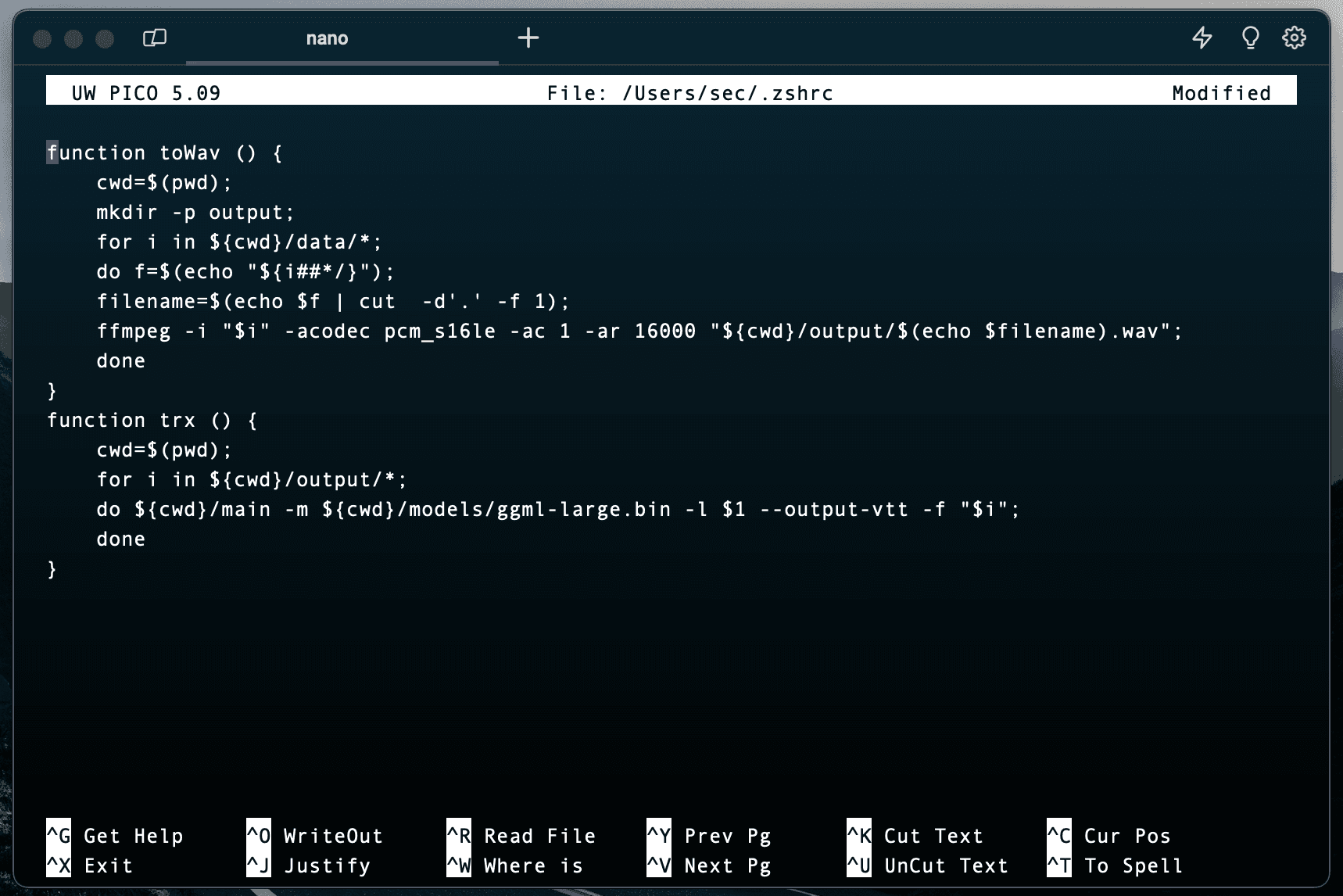 Screenshot of the Terminal app with Nano opened on .zshrc and two functions defined for conversion to wav file and transcription to vtt