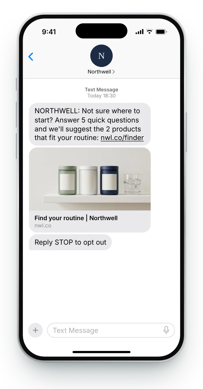 A 60-second product finder first-week SMS on an iPhone