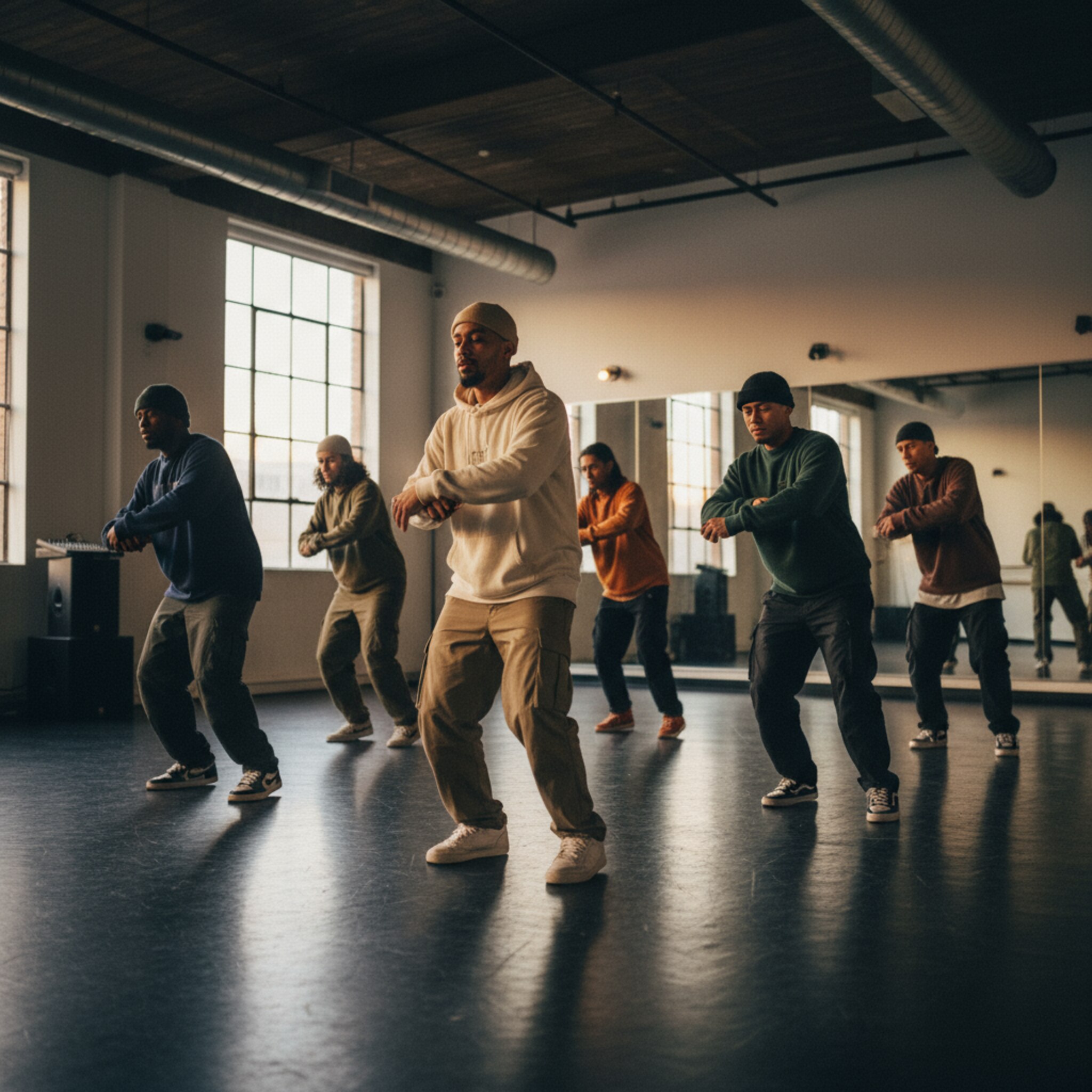 Ein urbanes Studio mit dunklem Boden und klaren Linien, warmes Seitenlicht zeichnet Silhouetten. Eine Hip-Hop-Crew probt eine Sequenz, Sneakers tippen im Rhythmus, Hände schneiden die Luft. Ein kurzer Moment der Stille, dann ein synchroner Drop. Energie und Gemeinschaft sind im Raum spürbar.