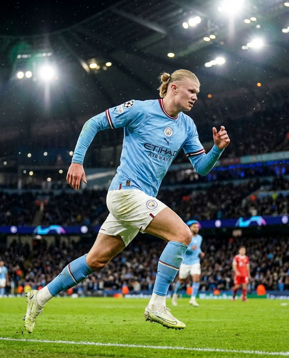 Erling Haaland in action during a Champions League match under stadium lights.