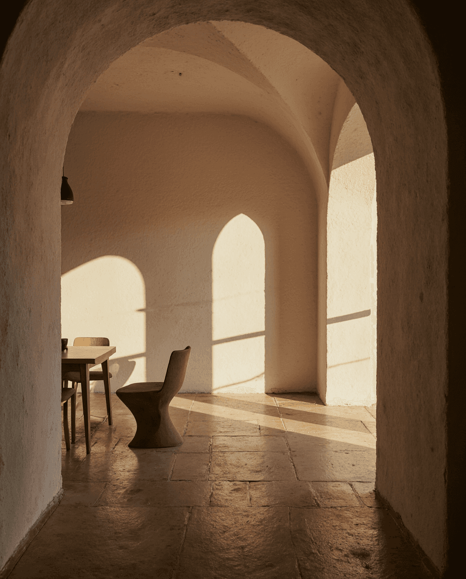 Sunlit archway leading to a simple dining area with wooden chairs and textured stone floor.