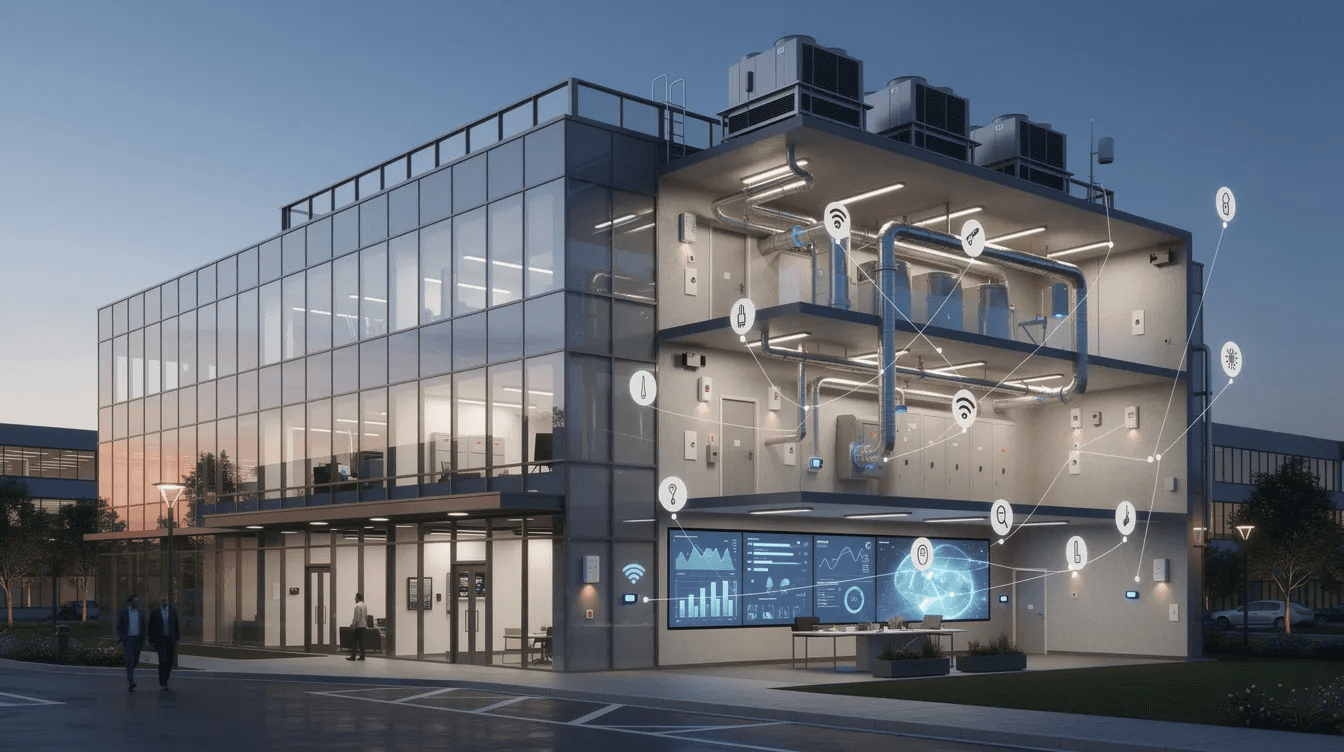 The image depicts a modern commercial building equipped with connected sensors and advanced mechanical systems, showcasing the integration of digital twin technology for enhanced energy management and operational efficiency. This smart building utilizes real-time data to optimize energy consumption, monitor air quality, and enable predictive maintenance, ultimately improving occupant comfort and reducing costs.