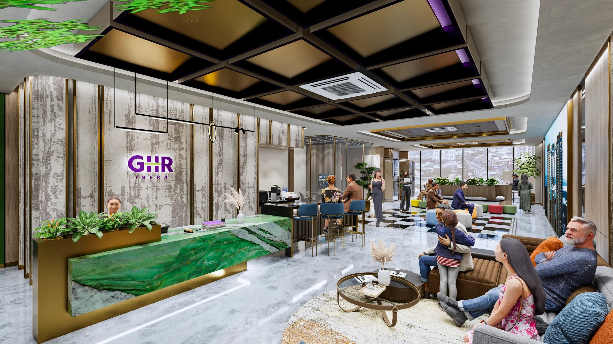 reception space designed with marbles and high elevated reception desk