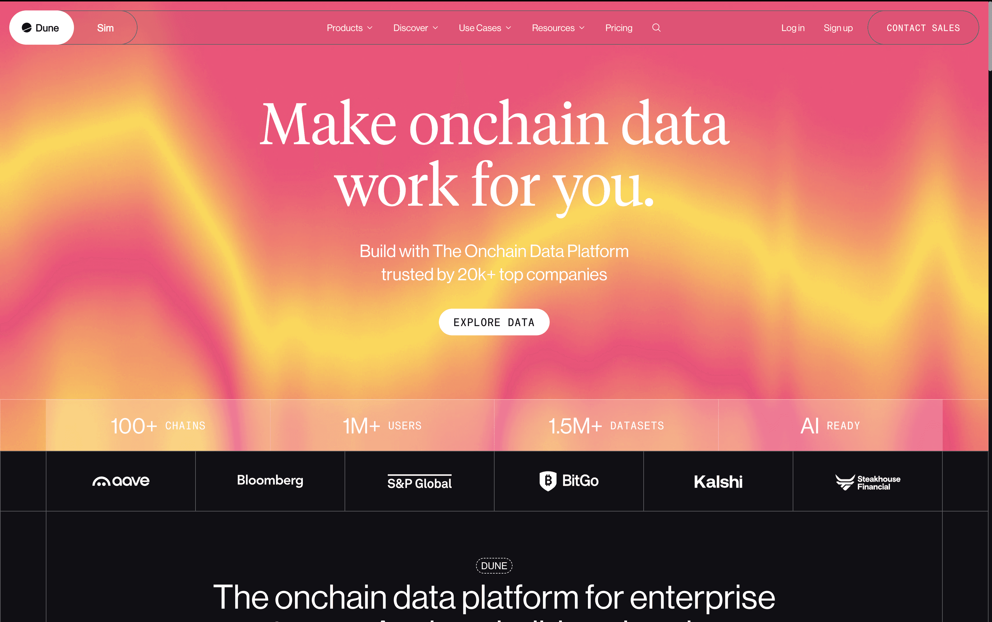 Dune blockchain analytics dashboard homepage