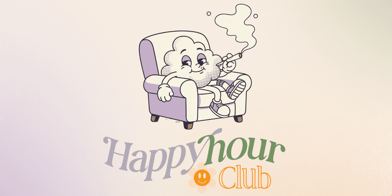 Happy Hour Club logo with a playful character, representing premium indoor-grown wellness products offered at affordable prices.