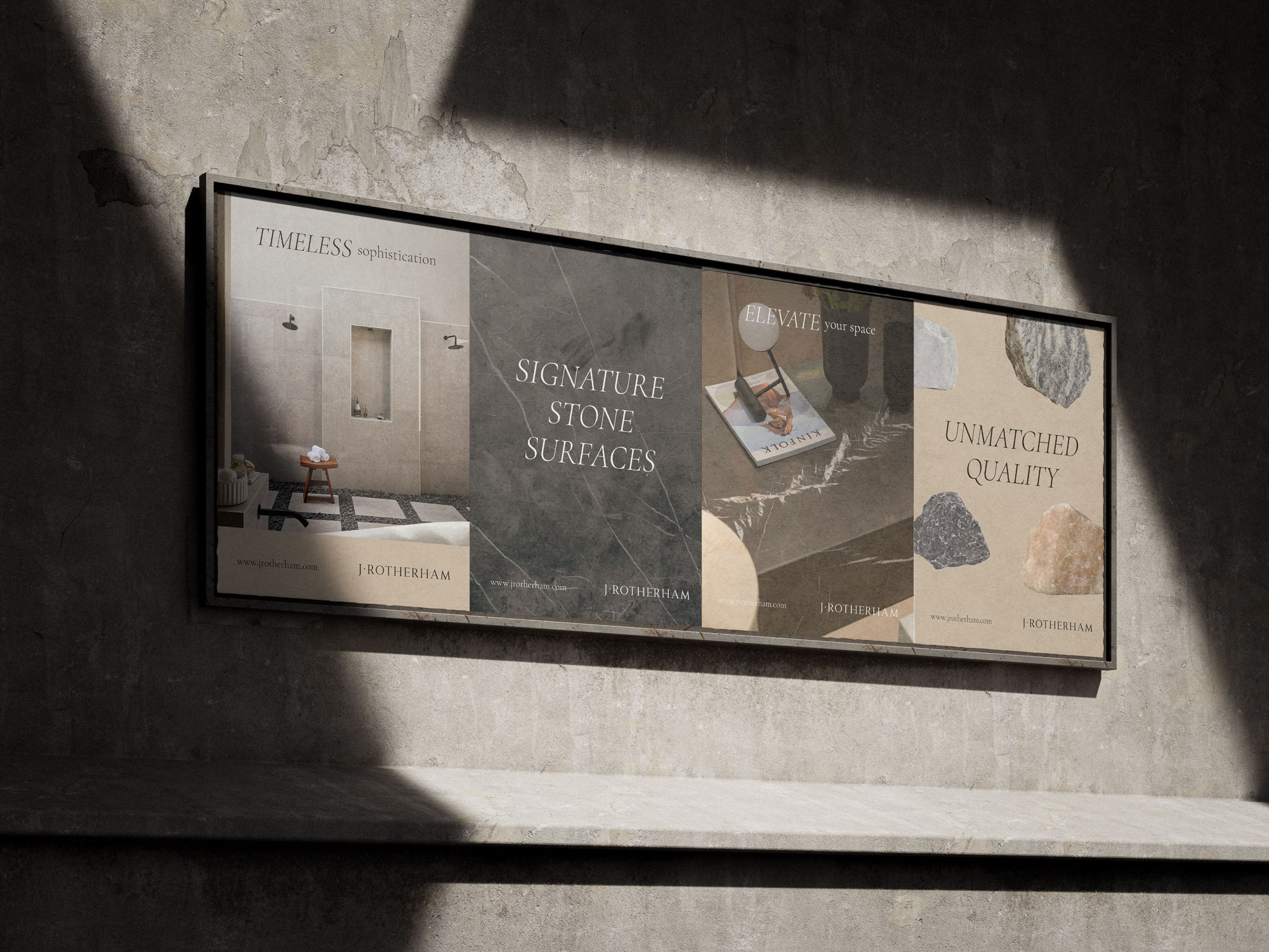 Luxury brand identity applications displayed across premium printed materials, showcasing refined typography, packaging design and high-end brand storytelling