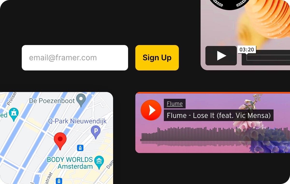 Framer integrations: Google Maps, Mailchimp, Vimeo and Soundcloud