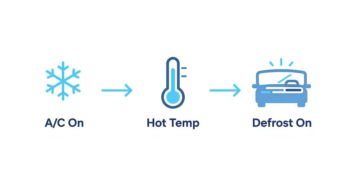 Illustrative diagram showing A/C on, hot temperature, and a car with defrost active.