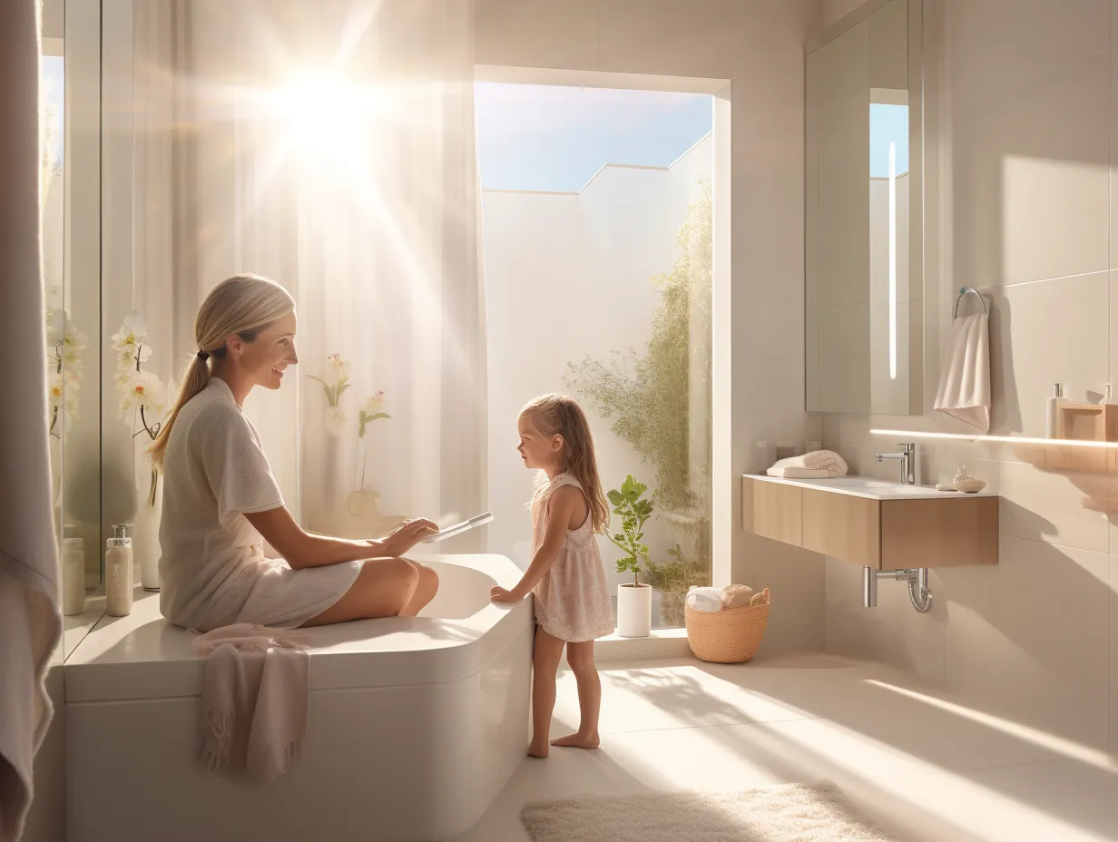 A mother and daugher talking in a sunbathed bathroom.