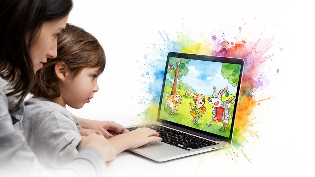 A mother and child engaging with an educational cartoon on a laptop, surrounded by paint splatters.