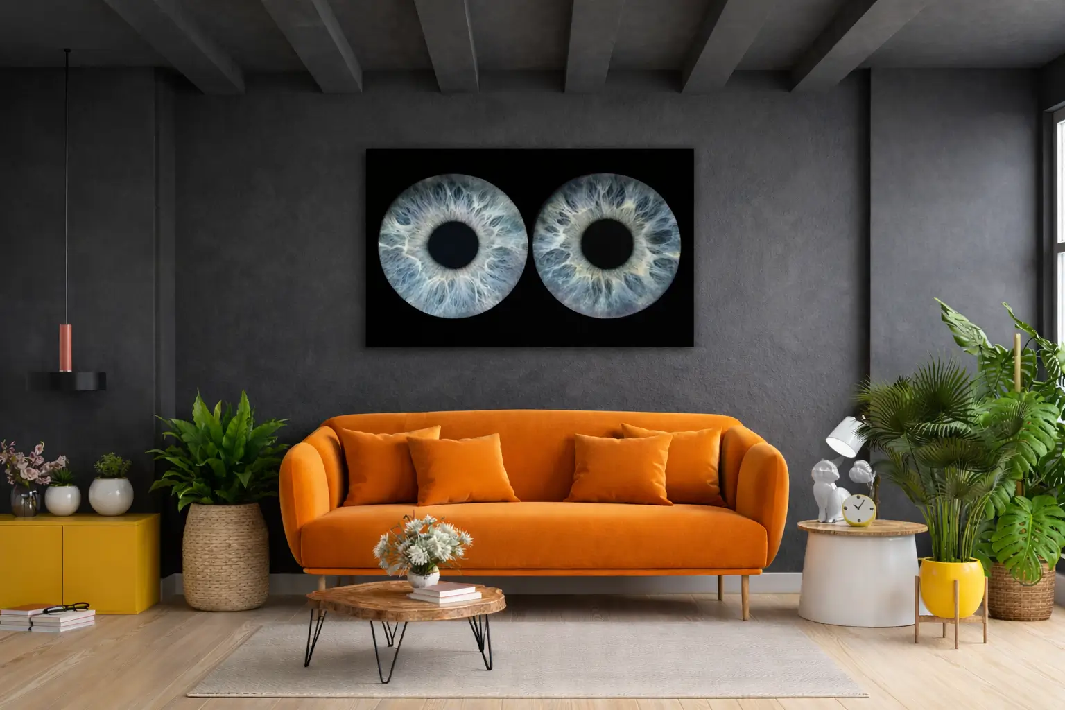 modern room with art of multiple irises