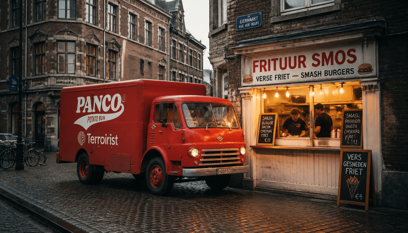 Camion de livraison vintage rouge “PANCO® Potato Bun” garé en extérieur, montrant un véhicule utilitaire rétro aux couleurs de la marque sous un ciel dégagé, ambiance grain photo.
