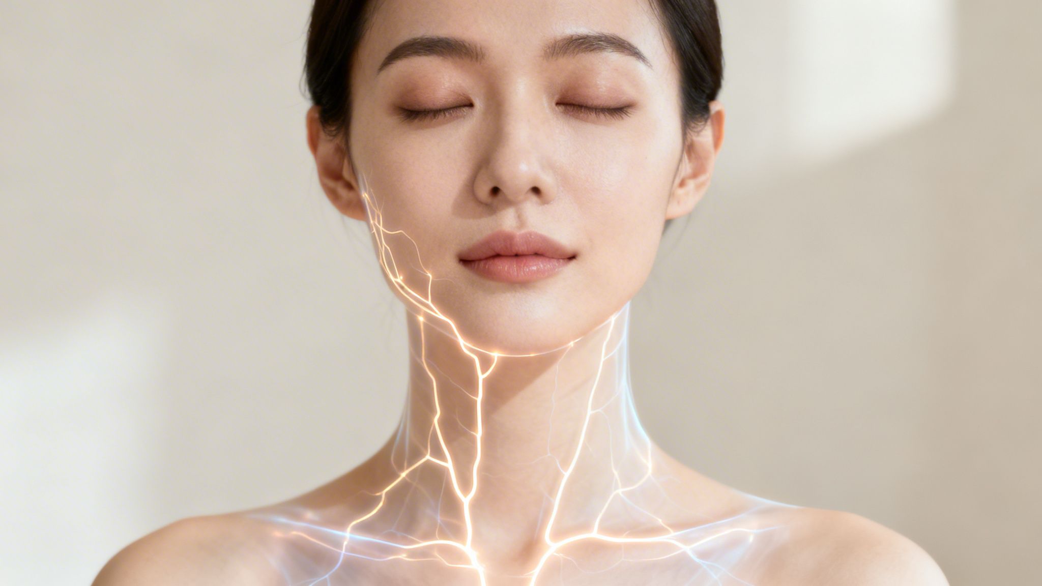 Close-up of a woman with glowing lymphatic system network on her face and neck.