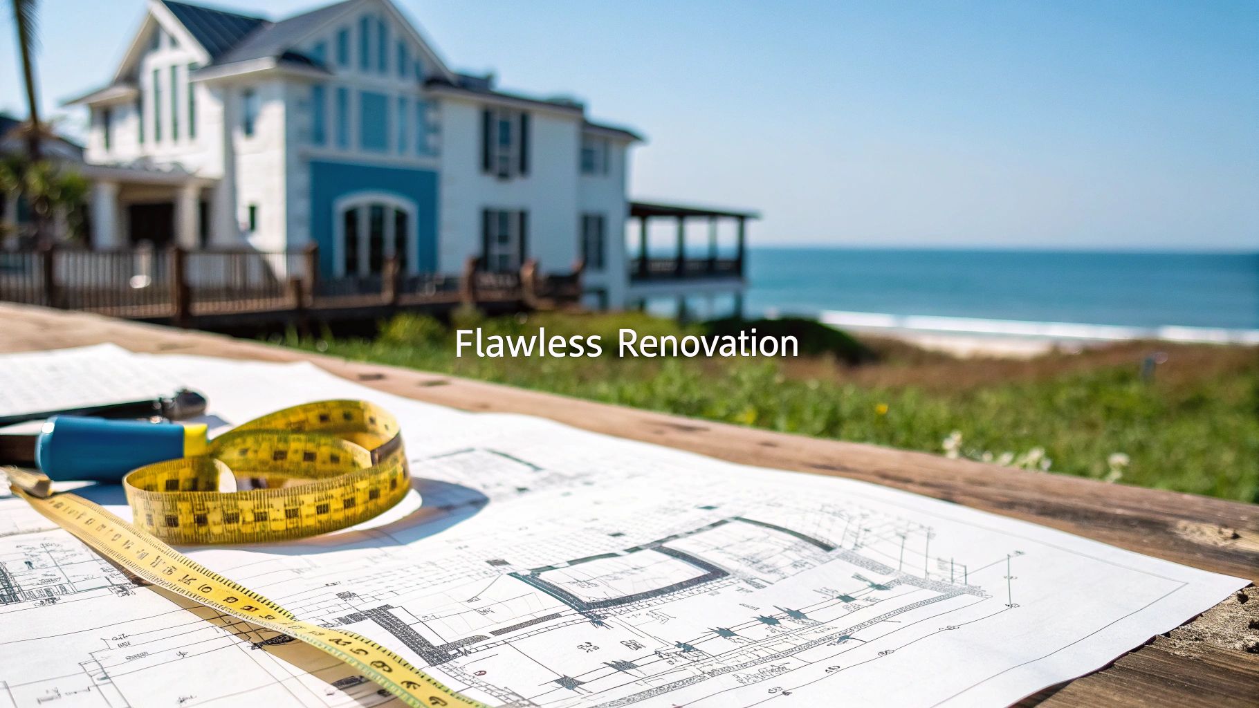 'flawless renovation' in front of a large beachfront home and blueprint plans on a workbench in the foreground