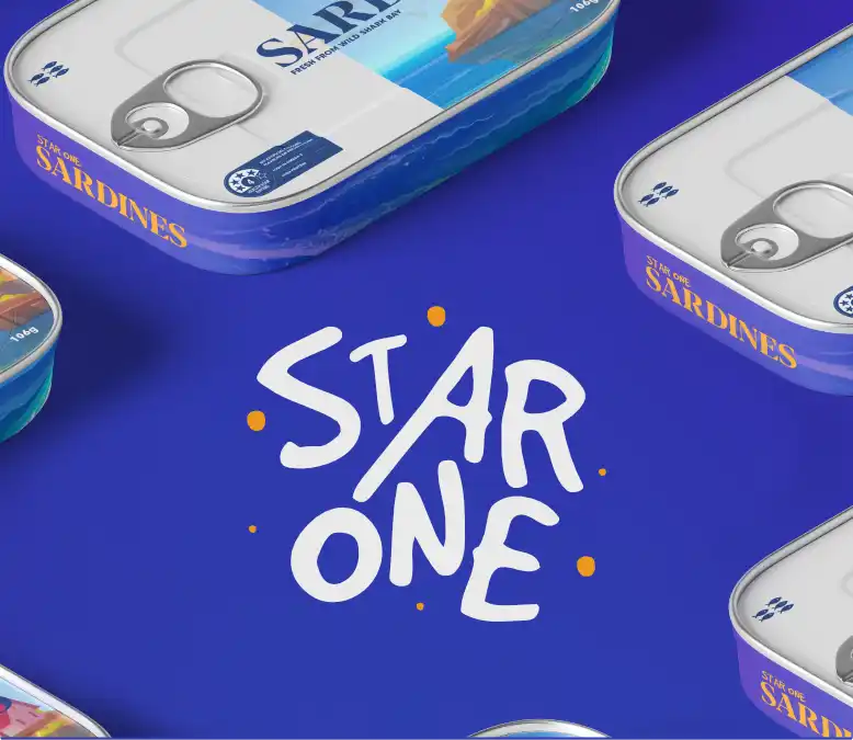 Premium sardine packaging design for Star One by Made by Campfire, featuring custom hand-lettered typography and vibrant blue and yellow brand colors for Wild Shark Bay seafood.