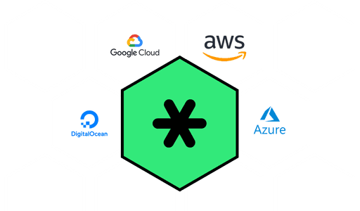 A green hexagonal logo with an asterisk icon is centered among hexagonal tiles featuring the logos of Google Cloud, AWS, DigitalOcean, and Azure, representing cloud service providers.