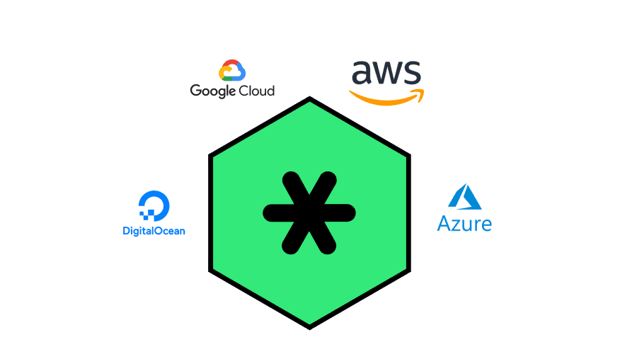 A green hexagonal logo with an asterisk icon is centered among hexagonal tiles featuring the logos of Google Cloud, AWS, DigitalOcean, and Azure, representing cloud service providers.