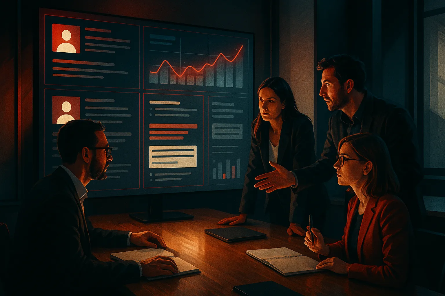 RockN' Socials team strategizing with digital marketing data on screen.