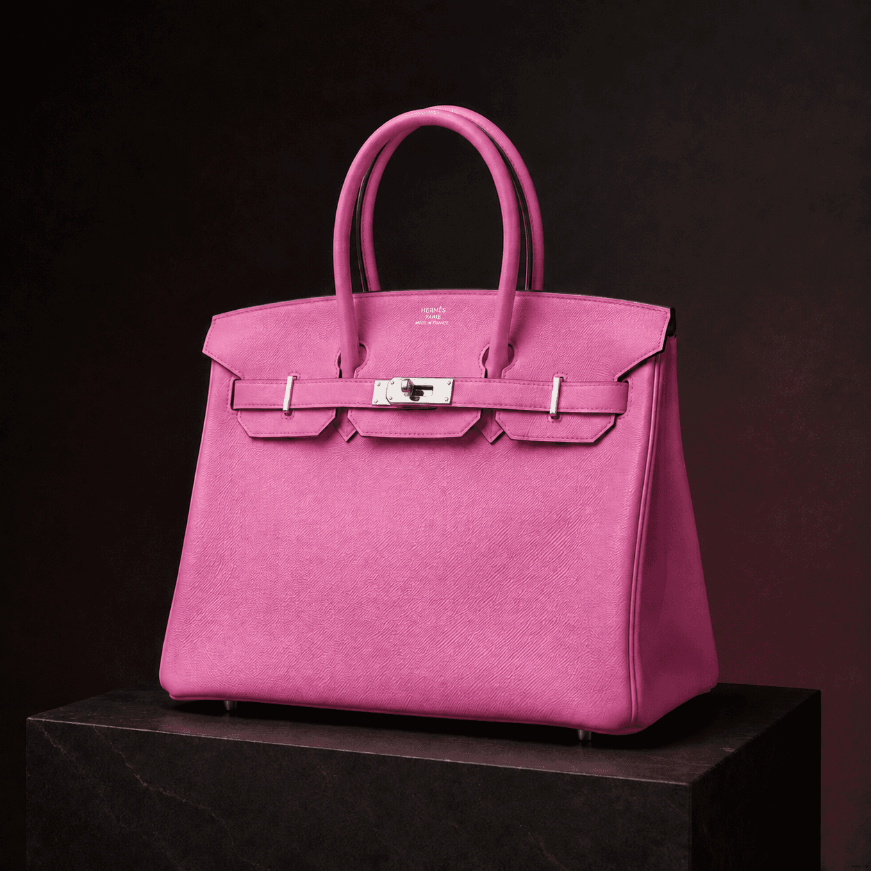 Pink Hermès Birkin handbag in a dark heritage presentation