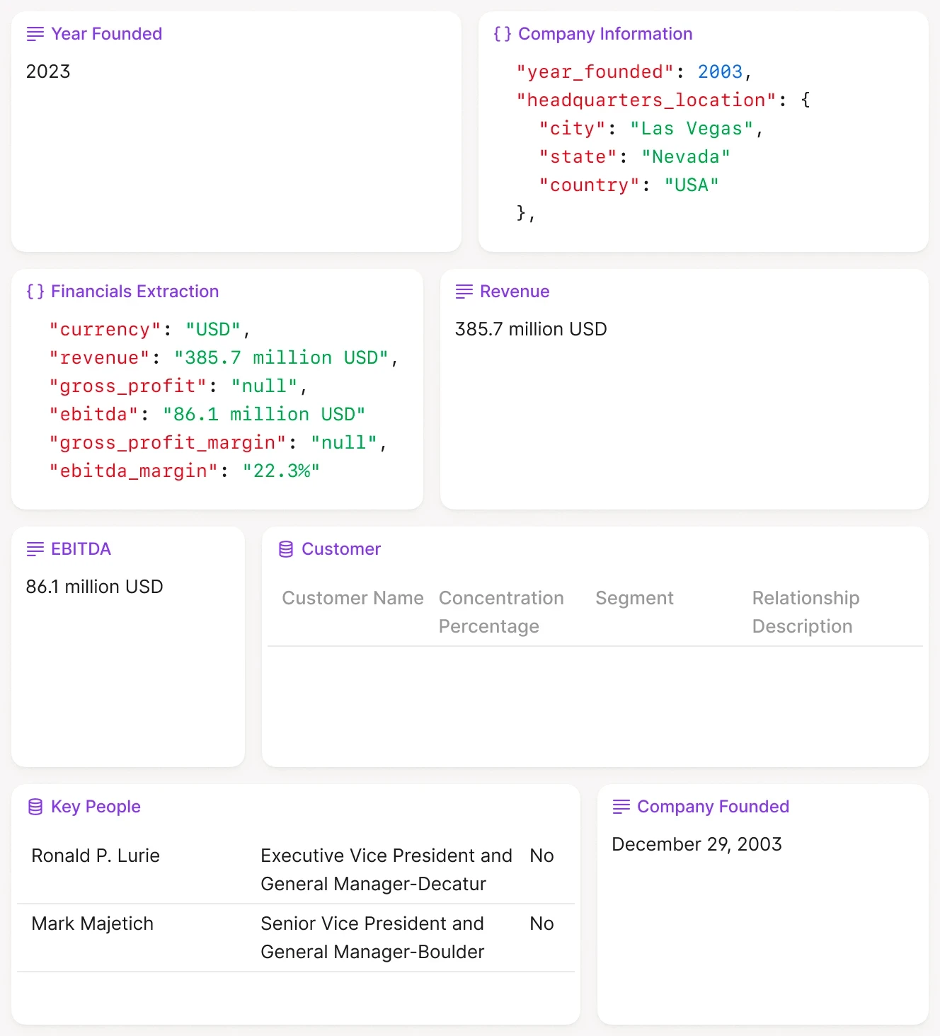 An interface displaying extracted company data fields, including year founded, revenue, EBITDA, and key personnel details.