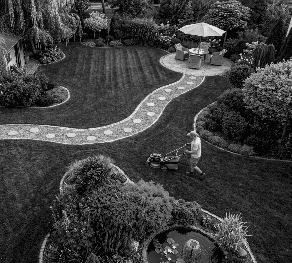 Aerial view of a beautifully maintained residential garden, the kind of result that seo for landscapers helps showcase online, featuring a winding gravel and stepping stone pathway, neatly striped lawn, colorful flower borders with blue delphiniums and purple salvia, a small garden pond, patio seating area with umbrella, and a gardener mowing the grass.