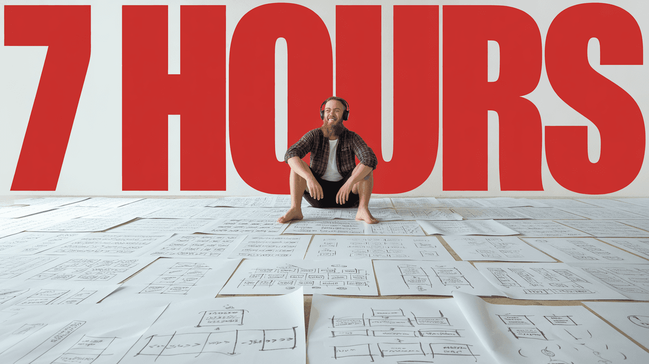 Alex Hormozi-style self improvement thumbnail with giant 7 HOURS text and creator among planning sheets