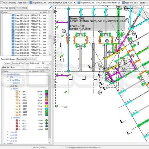 Screenshot of RIB CostX measurement software showing the plans being measured by SubsQS Ltd