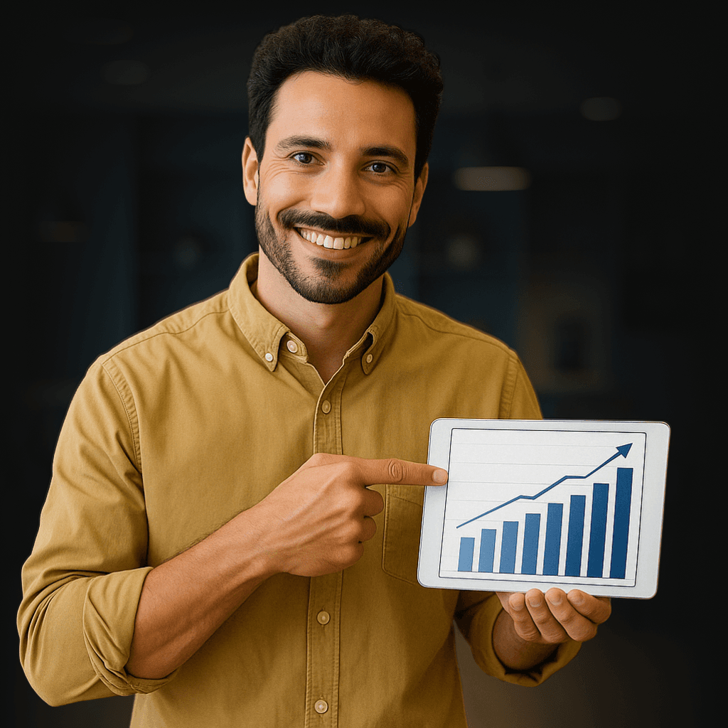 Homem sorrindo segurando um gráfico subindo. - Projeto Growth