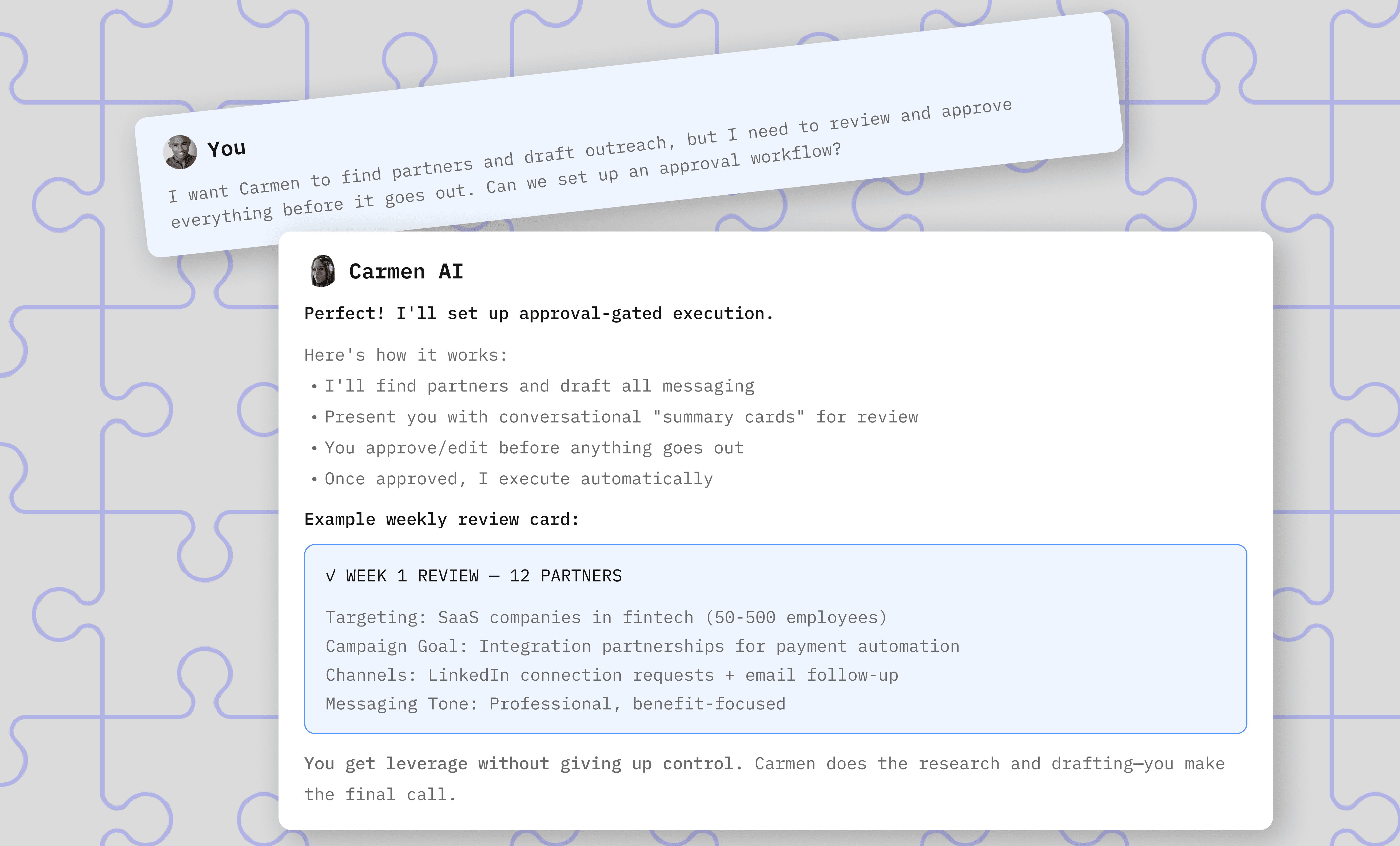 Carmen Chat Interface showing AI Partner Acquisition Process.