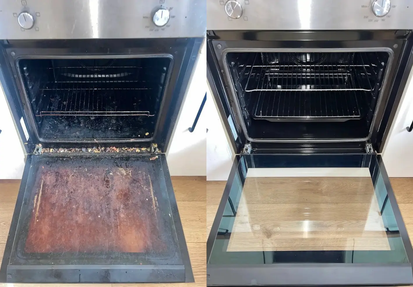 Before and after comparison of a deep-cleaned oven during a move-out service, showing the removal of heavy grease and burnt-on food from the glass door and racks.