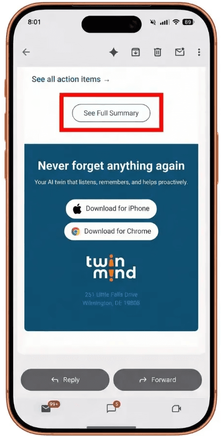 See Full Summary button in the TwinMind email, which opens the call in the web app